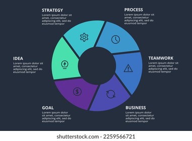 Infografía circular oscura con 6 elementos plantilla para web sobre fondo negro, negocios, presentación. Vector