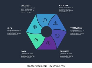 Circle dark infographic with 6 elements template for web on a black background, business, presentation. Vector