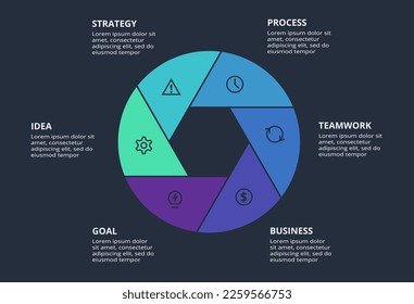 Circle dark infographic with 6 elements template for web on a black background, business, presentation. Vector