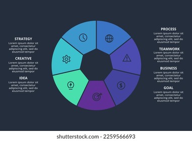 Circle dark infographic with 7 elements template for web on a black background, business, presentation. Vector