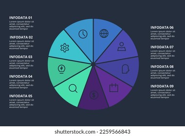 Circle dark infographic with 9 elements template for web on a black background, business, presentation. Vector