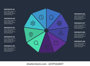 Circle dark infographic with 9  elements template for web on a black background, business, presentation. Vector