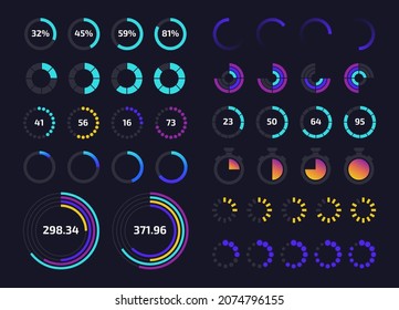 Circle dashboard UI. Round progress bar and download status application interface graphic element. Vector control panel time tracker infographic set