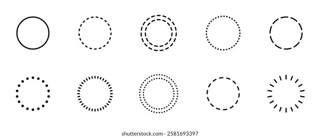 Circle dashed shape collection. Round border geometric stroke. Dotted frame set. Vector circle set