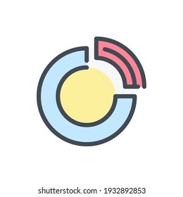 Icono de línea de color de diagrama y datos de círculo. Gráfico circular con un signo de color importante en el contorno del vector de pieza.