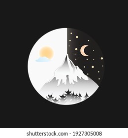 circle of day and night, sun and moon at night full of stars, as well as mountains and the surrounding environment