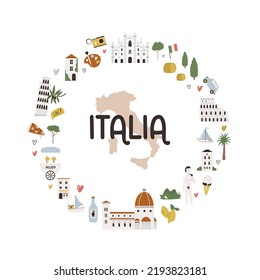 Circle decoration, emblem with famous symbols and landmarks of Italy. Vector illustration, colorful design.
