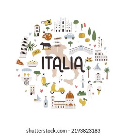 Circle decoration, emblem with famous symbols and landmarks of Italy. Vector illustration, colorful design.