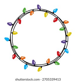 Círculo decorativo Navidades luces marco en estilo plano. Diseño de Vector de guirnalda de bombilla de forma redonda simple. Elemento de Festiva para tarjetas de Navidad, invitaciones, Anuncios, carteles