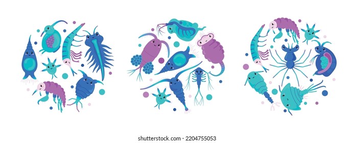 Circle decorative elements with zooplankton sea microorganisms, cartoon vector icon isolated on white background. Zooplankton or sea plankton organisms funny characters.