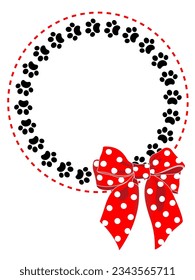 Circle decorative frame with black animal paws and a red bow polka dots.