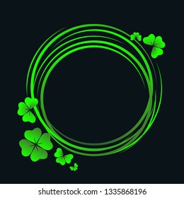 Circle decorative frame with clover leafs on black backdrop. Spring floral vector border. Saint Patrick's Day background