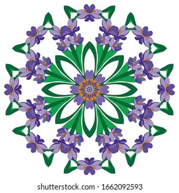 Circle decorative pattern. Vintage round motif. Crocus flowers designs can be used for backgrounds, textile, wallpapers, gift wrapping, templates, shawl and ceramic plate and tiles. Vector.