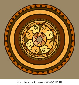 Circle with decorative swirls. Drawn by hand. Vector gold in brown shades.