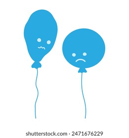 Circle and deflated balloon with sad smiley faces in trendy monochrome blue Blue Monday symbol idea