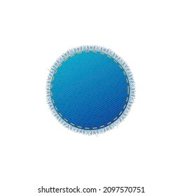 Circle denim textile patch or fabric piece mockup. Blue denim shape fashion element, realistic template vector illustration isolated on white background.