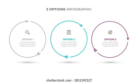 Diseño circular con flechas procesos de línea delgada con iconos y 3 opciones o pasos. Plantilla de negocio de vectores.