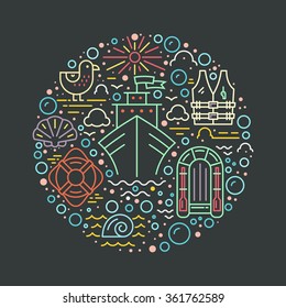 Circle design element with different cruise vacation icons - lifeboat, cruise ship, lifebuoy, seagull. Isolated vector design element made in trendy lifestyle. Summer adventure concept.