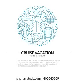 Circle design element with different cruise vacation icons - lifeboat, cruise ship, lifebuoy, seagull. Isolated vector design element made in trendy lifestyle. Summer adventure concept.