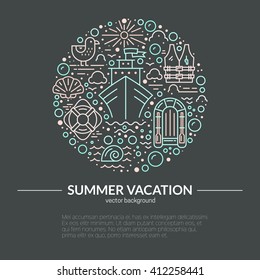 Circle design element with different cruise vacation icons - lifeboat, cruise ship, lifebuoy, seagull. Isolated vector design element made in trendy lifestyle. Summer adventure concept.