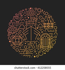 Circle design element with different cruise vacation icons - lifeboat, cruise ship, lifebuoy, seagull. Isolated vector design element made in trendy lifestyle. Summer adventure concept.
