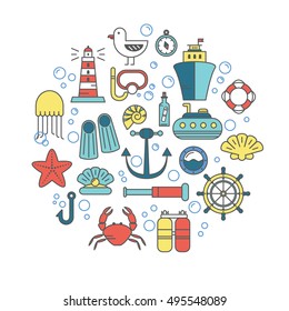 Circle design element with different maritime icons - light house, anchor, ship, crab, waves, bubbles, rudder, gull. Perfect for cruise company, or invitation. Made in vector.
