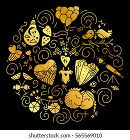 Circle design element with different romantic icons - wedding, gender, balloon, bee, bicycle, flower. Isolated vector design element made in trendy lifestyle. St. Valentines concept.