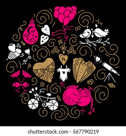 Circle design element with different romantic icons - wedding, gender, balloon, bee, bicycle, flower. Isolated vector design element made in trendy lifestyle. St. Valentines concept.