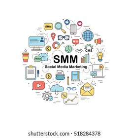 Circle Design Element With Different SMM Icons - Social Media Marketing. SEO, SMO, Webdesign, Copyrighting. Can Be Use Like Background For Advertising Agency. Also Perfect For SMM Course Or School.