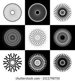 Circle design elements set. Abstract geometric black and white icons. Vector art. 