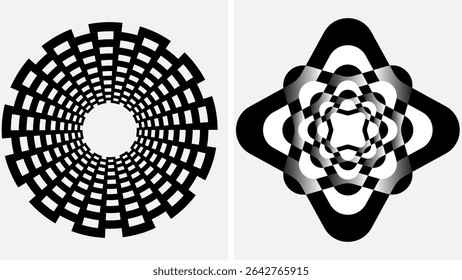 Circle design elements set vector illustration,  Radial sunset beams. Abstract art geometric background for logo, Simple minimalist line art wavy objects.memphis pattern.