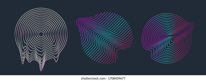 Circle design shape with glitch and liquid set. Illuminated holographic in 80s-90s. Retrofuturism shapes Vaporwave, synthwave. Trendy design elements for t-shirt and merch. Vector illustration