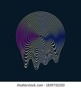 Circle design shape with glitch and liquid. Illuminated holographic in 80s-90s. Retrofuturism shape Vaporwave, synthwave. Trendy design element for t-shirt and merch. Vector illustration.