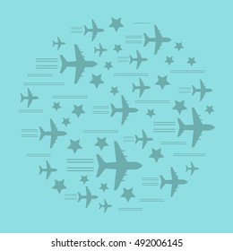 circle design with silhouettes of flying aircraft and with the stars