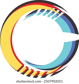 Circle design with yellow, blue, red, black, and white stripes. Suitable for backgrounds, banners, branding, and packaging concepts.