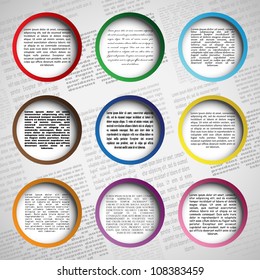 Circle design for your web site, vector illustration, eps10, easy editable, 4 layers. Bonus! Seamless background (newspaper)!
