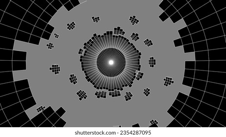Circle destroyed tunnel with hole and particles. Wireframe grid box, network connection technology. Futuristic portal pattern. Vector illustration.