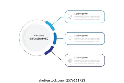 Circle diagram with 3 step columns. Template infographic design with icons. Vector information graphic can be used for workflow layout, business presentation and web graphic design 