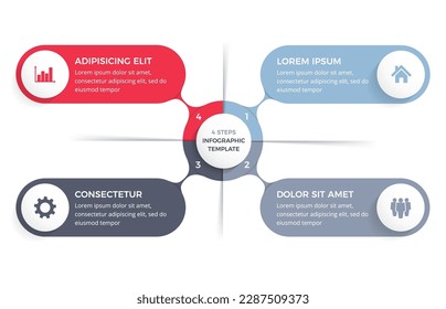 Diagrama de círculo con 4 pasos con lugar para el texto y los iconos, plantilla de infografía, vectorial eps10 ilustración