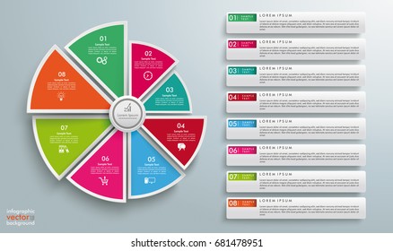Circle diagram with 8 tabs on the gray background. Eps 10 vector file.