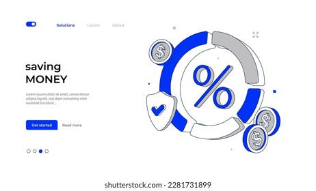 Diagrama de círculo con monedas, escudo y signo porcentual de fondo blanco para finanzas, negocios y marketing. Ilustración del vector 3d