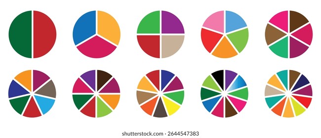 Circle diagram collection with sections or parts. Colorful diagram collection with 2,3,4,5,6 sections or steps. pie chart divided equal parts, ring percentage wheel, Segmented circle icons for infogra