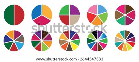 Circle diagram collection with sections or parts. Colorful diagram collection with 2,3,4,5,6 sections or steps. pie chart divided equal parts, ring percentage wheel, Segmented circle icons for infogra