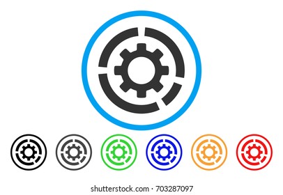 Circle Diagram Configuration Gear vector rounded icon. Image style is a flat gray icon symbol inside a blue circle. Bonus color versions are grey, black, blue, green, red, orange.