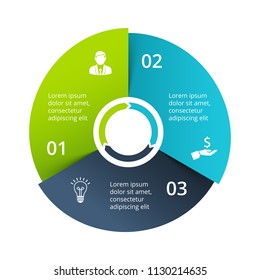 Circle diagram divided into 3 parts, steps or options. Vector origami infographic design template. Illustration for project steps visualization. Business presentation.