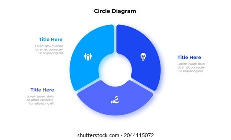 Circle diagram divided into 3 segments. Concept of three options of business project management. Vector illustration for data analysis visualization.