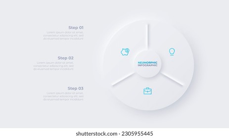 Circle diagram divided into 3 sectors. Design concept of three steps or parts of business cycle. Neumorphic infographic design template. Business data visualization