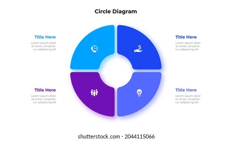 Diagrama de círculo dividido en 4 segmentos. Concepto de cuatro opciones de gestión de proyectos empresariales. Ilustración vectorial para la visualización del análisis de datos.