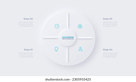 Diagrama de círculo dividido en 4 sectores. Concepto de diseño de cuatro pasos o partes del ciclo económico. Plantilla de diseño de infografía neumórfica. Visualización de datos empresariales
