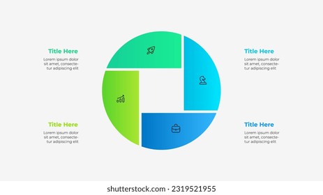 Diagrama de círculo dividido en 4 partes con un cuadrado en el centro. Plantilla de cuatro opciones de infografía de proyectos empresariales